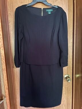 Ralph Lauren Black Long-Sleeve Sheath Dress Size 14 Gold Zipper Accent
